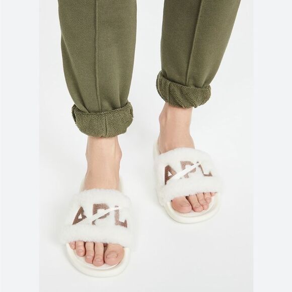 Revolve APL: Athletic Propulsion Labs Womens Shearling Slides - Pristine/Almond - Picture 1 of 11